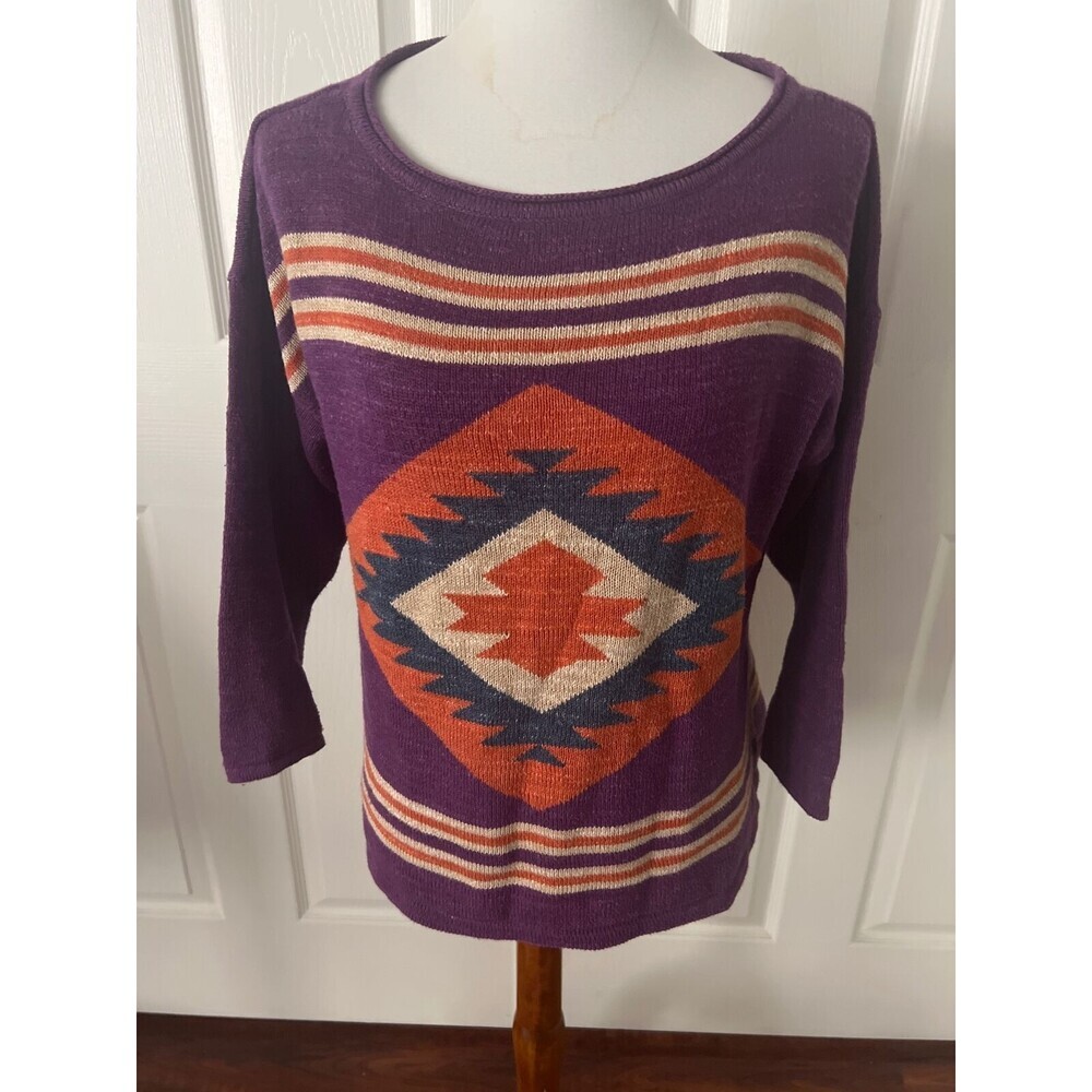 Chaps Womens Southwest Sweater Sz L Stripe Purple 3/4 Sleeve Warm Cozy